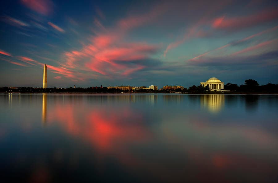Golden hour light on the Potomac River near the Washington monuments