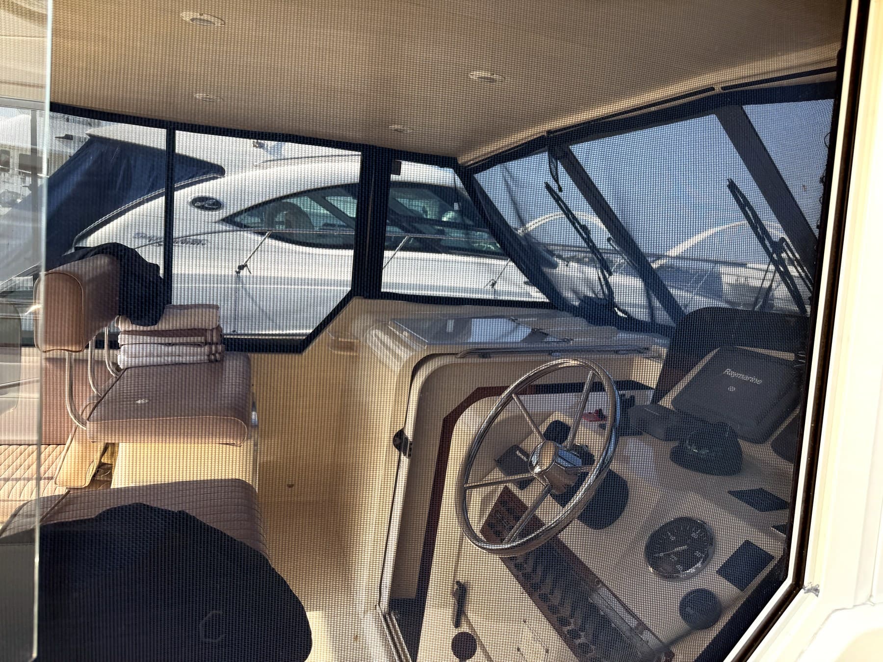 The helm of Geronimo at night, set for a New Year's Eve cruise